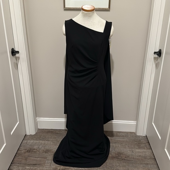 NWT!! Xscape - Black Pleated Cape Overlay Sleeveless Formal Sheath Dress - 14 - Picture 3 of 10